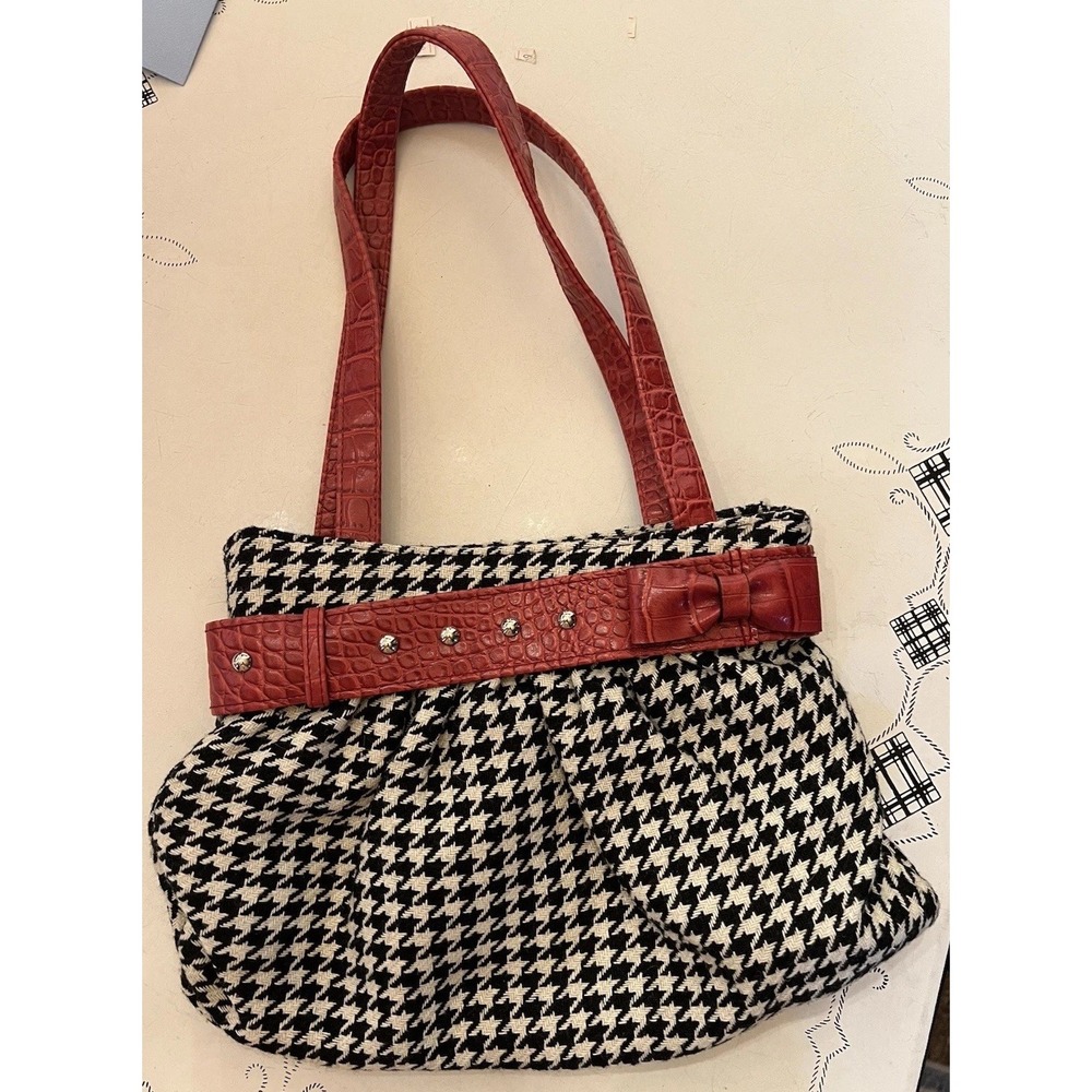 Fashion Express Black And White Houndstooth Purse With Red Trim Silver Studs